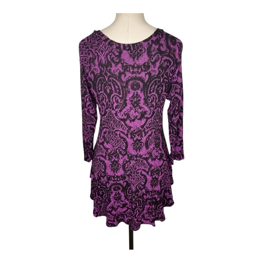 Tianello Purple Black Damask Tunic Top 3/4 Sleeve Flowy M - Picture 4 of 7